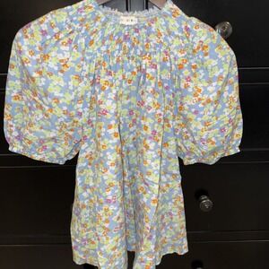 Roller Rabbit Alianne Top XS Floral‎ Pastels Puff Sleeve Smock Neck Silk Cotton